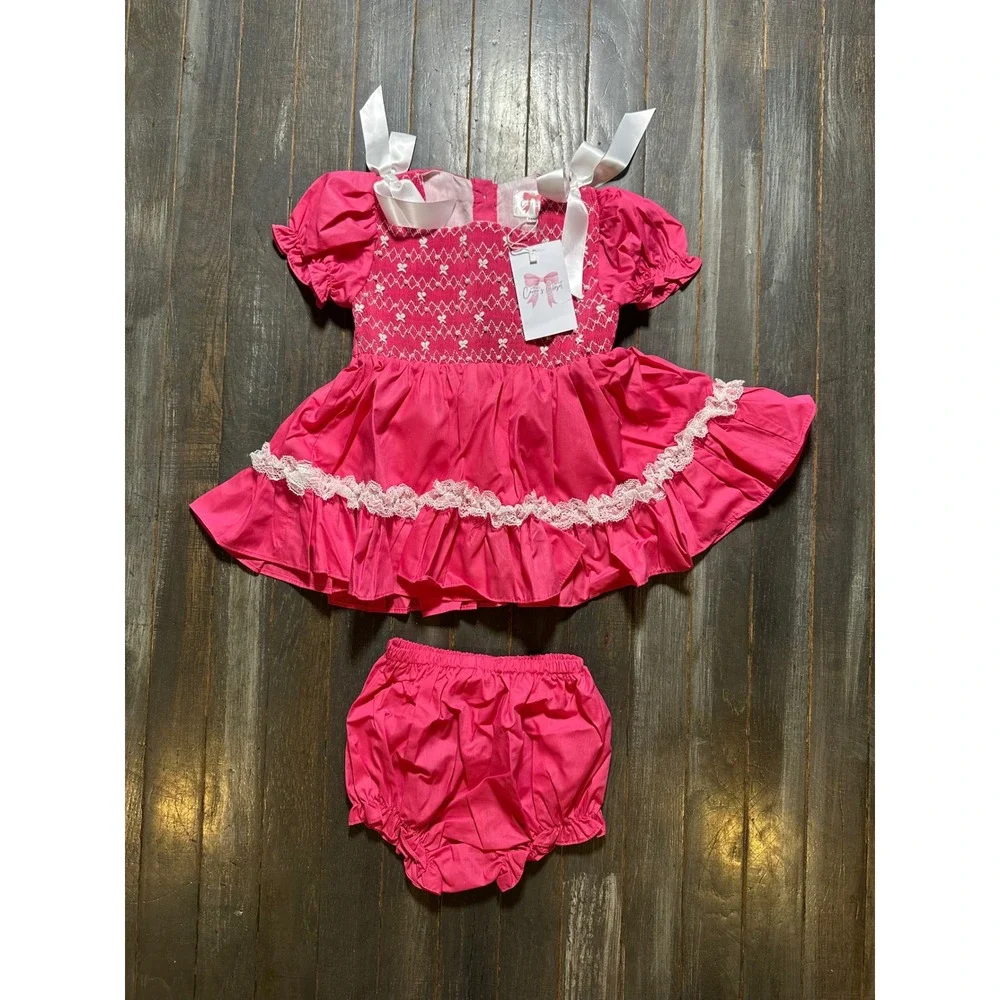 Carters Closet Hot Pink Smocked Dress Bloomers Set Girls Baby Toddler Lace Bows